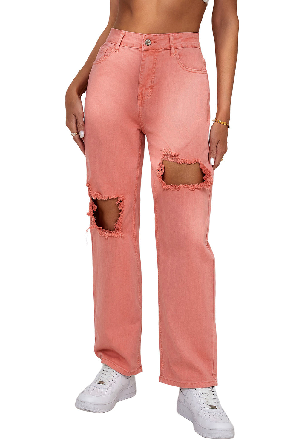 Pink High Waist Ripped Straight Leg Pocket Jeans