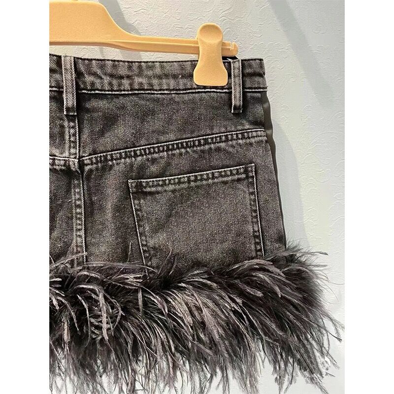 Feather-trimmed mini denim skirt