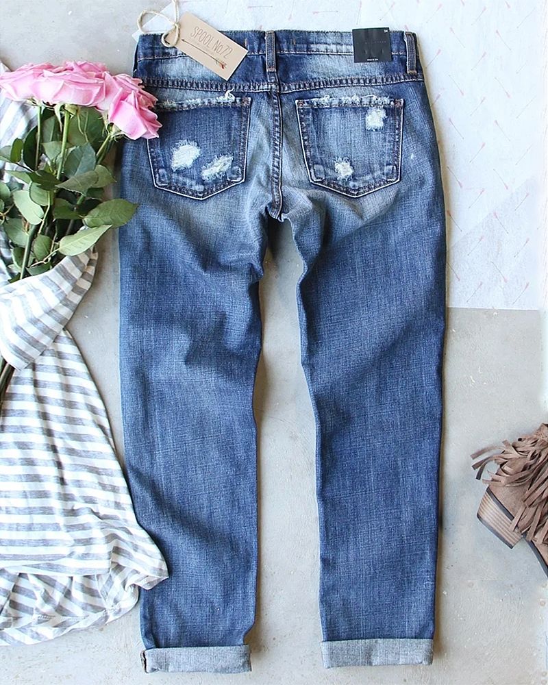 Ladder Distressed Patched Low Waist Jeans