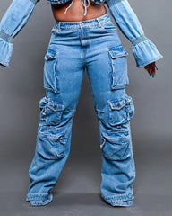 Flap Pocket High Waist Cargo Jeans