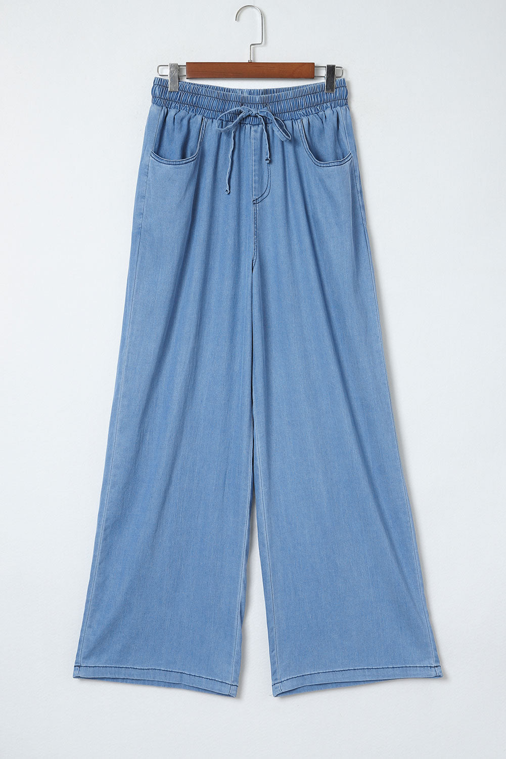 Blue Drawstring Waist Wide Leg Tencel Denim Pants