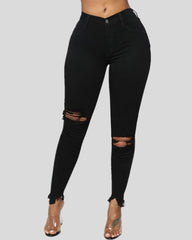 Solid Knee Ripped Asymmetrical Raw Hem Cropped Skinny Jeans