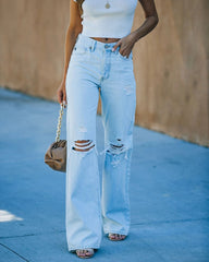 Distressed Front Pocket Detail Wide Leg High Waist Jeans