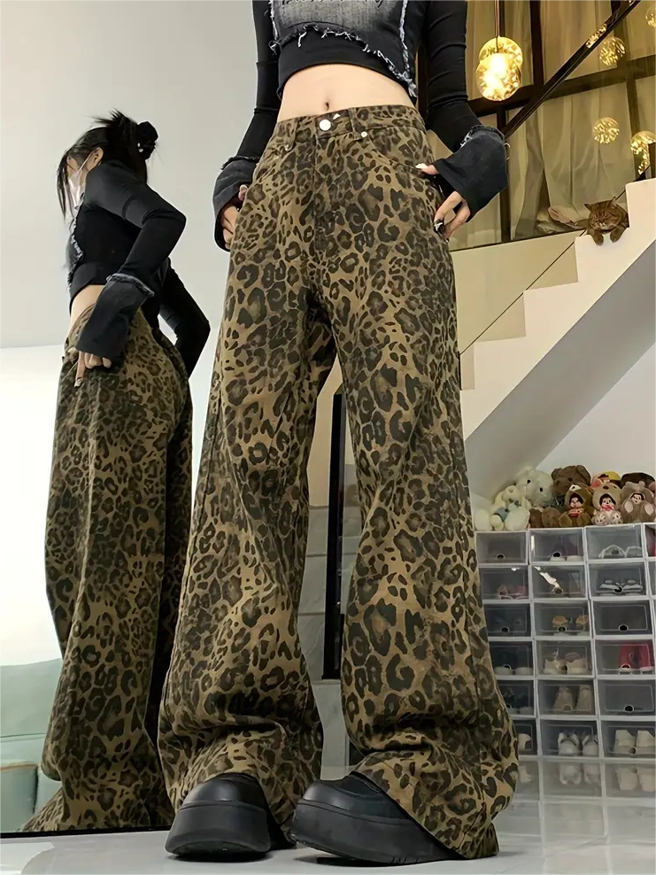 Vaqueros boyfriend holgados con estampado de leopardo Y2k