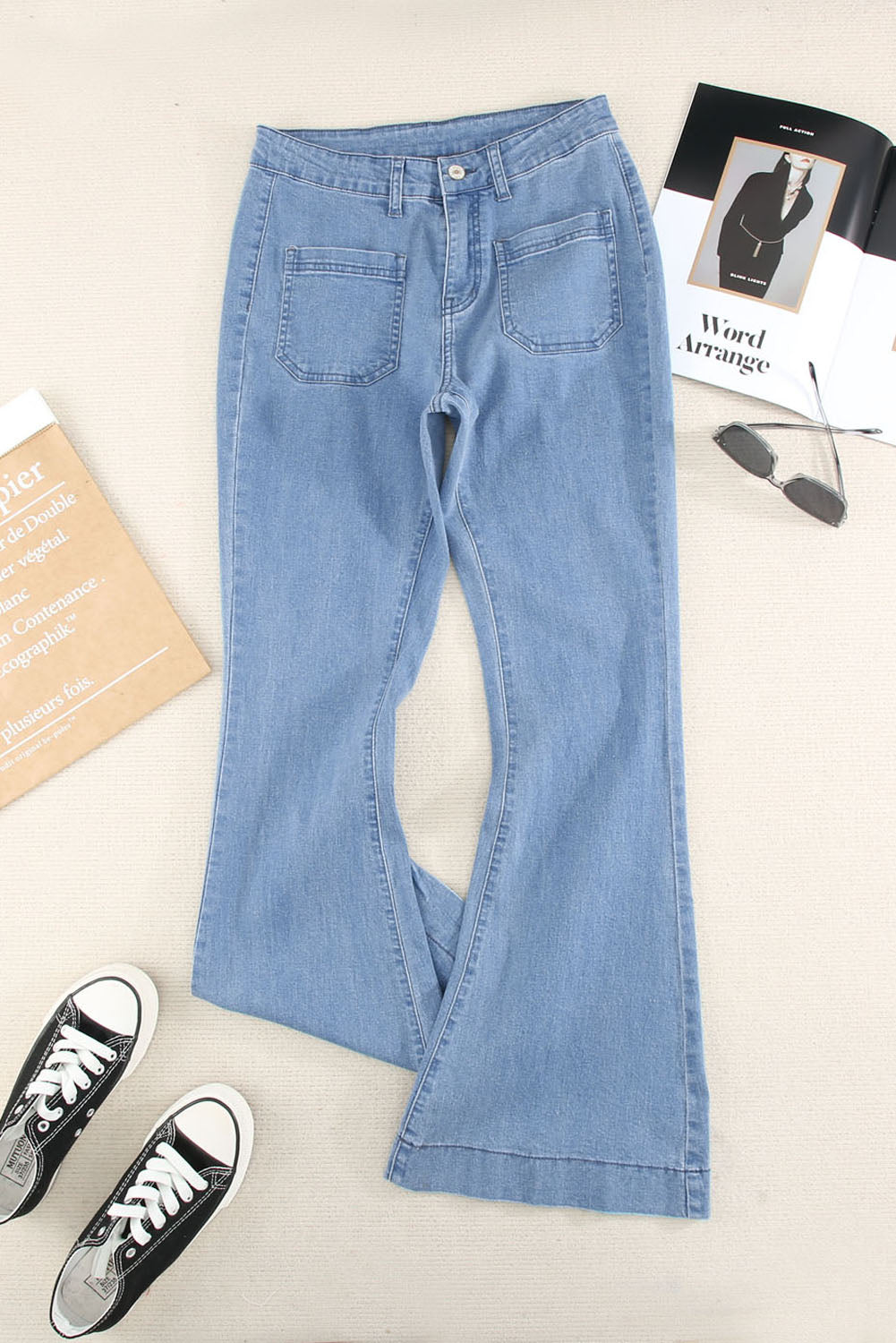 Sky Blue Vintage Casual Pocket Flared Jeans