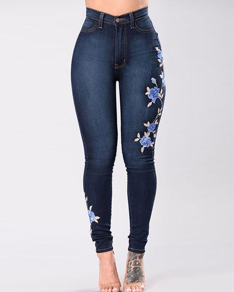 Floral Embroidery High Waist Skinny Jeans