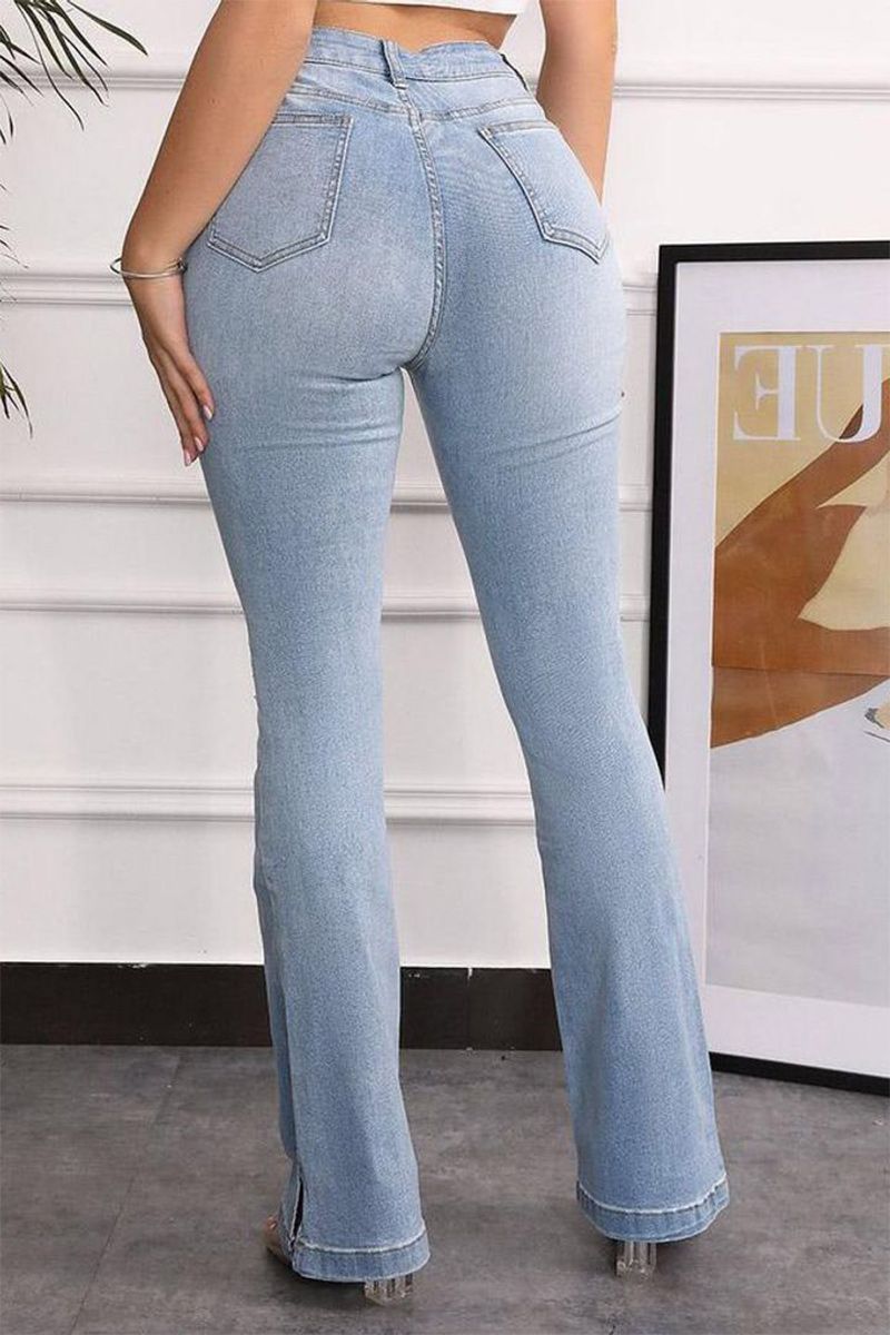 Split Hem Ripped Pocket Detail High Waist Flare Jeans