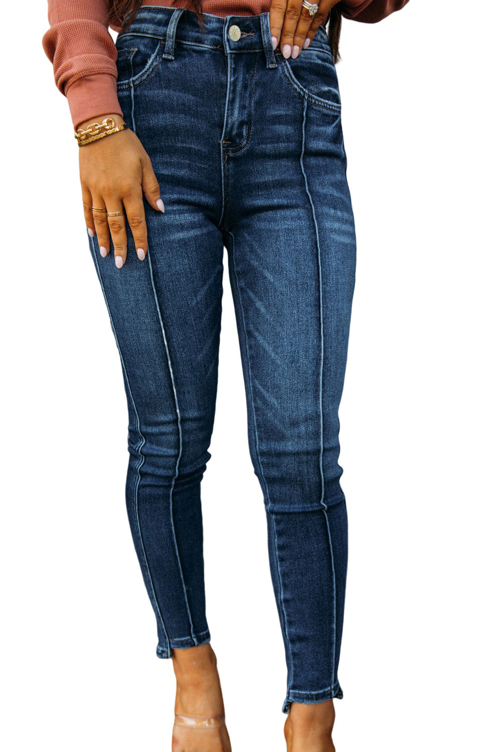 Blaue Skinny Fit Jeans mit hoher Taille und Nähten