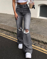 High Waist Knee Distressed Flare Leg Jeans