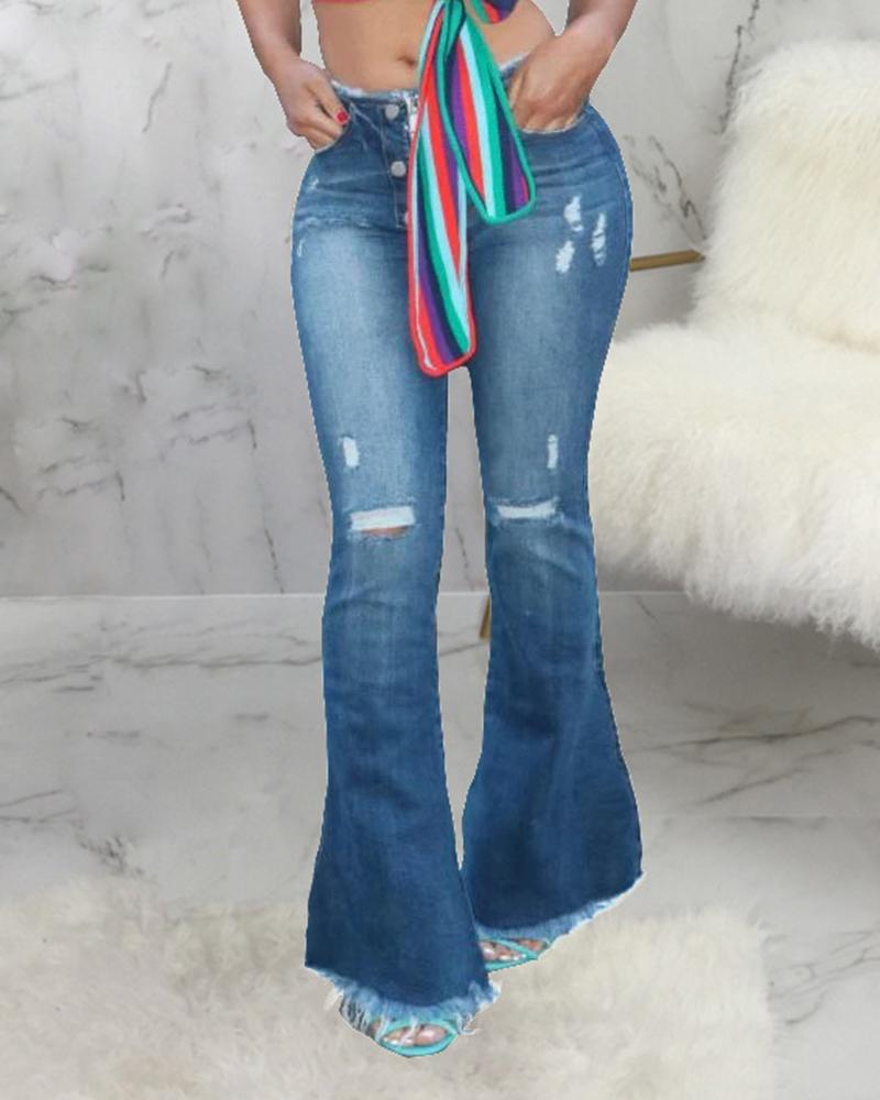 Ripped Button Front Zip Up Fringe Hem Flare Jeans