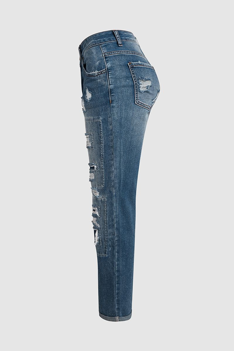 Ladder Distressed Patched Low Waist Jeans