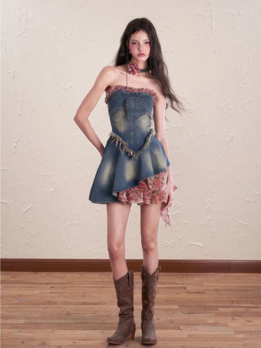 Mixed fabric strapless denim dress Rae Jeans Mixed fabric strapless denim dress Rae Jeans