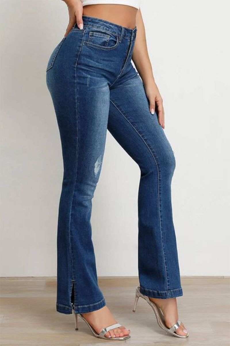 Split Hem Ripped Pocket Detail High Waist Flare Jeans