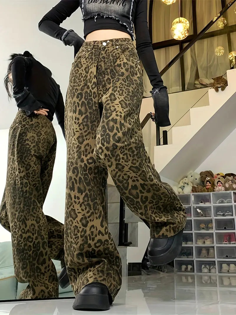 Y2k Baggy Boyfriendjeans mit Leopardenmuster