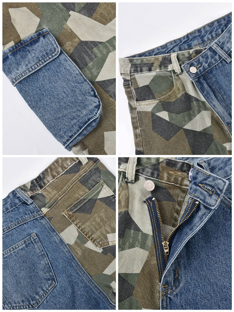 Camouflage-Patchworkhose aus Denim mit Taschen