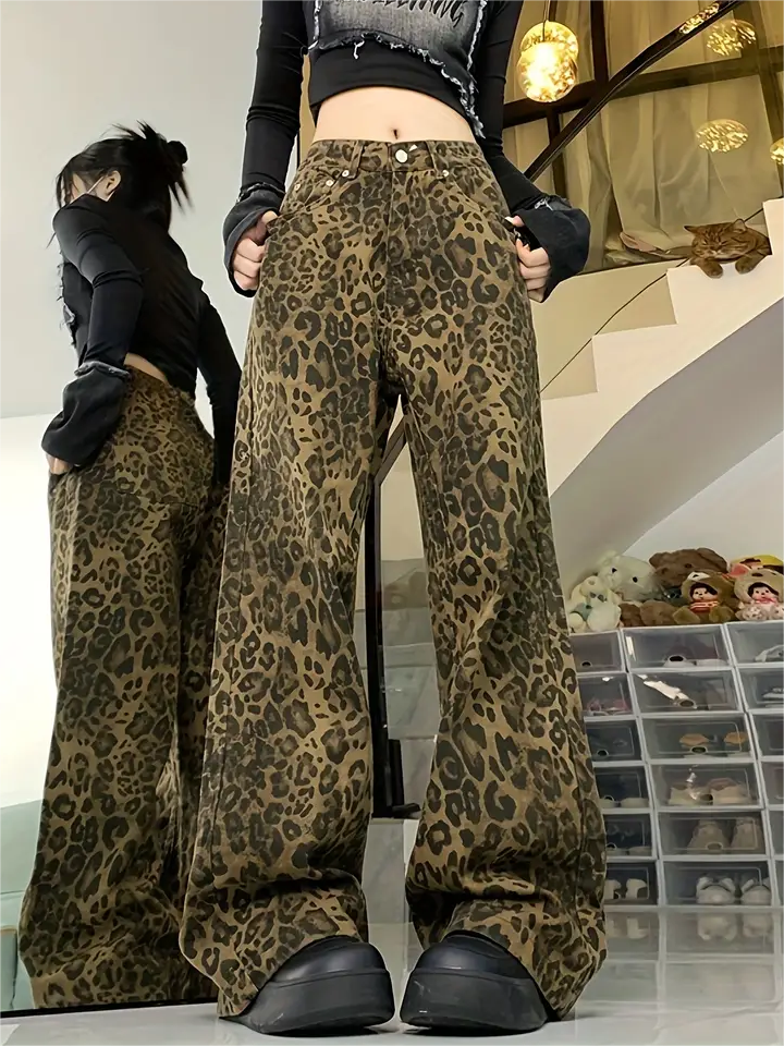 Y2k Baggy Boyfriendjeans mit Leopardenmuster