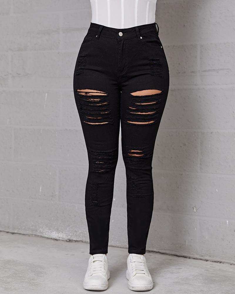 Hollow Out Distressed Skinny Jeans