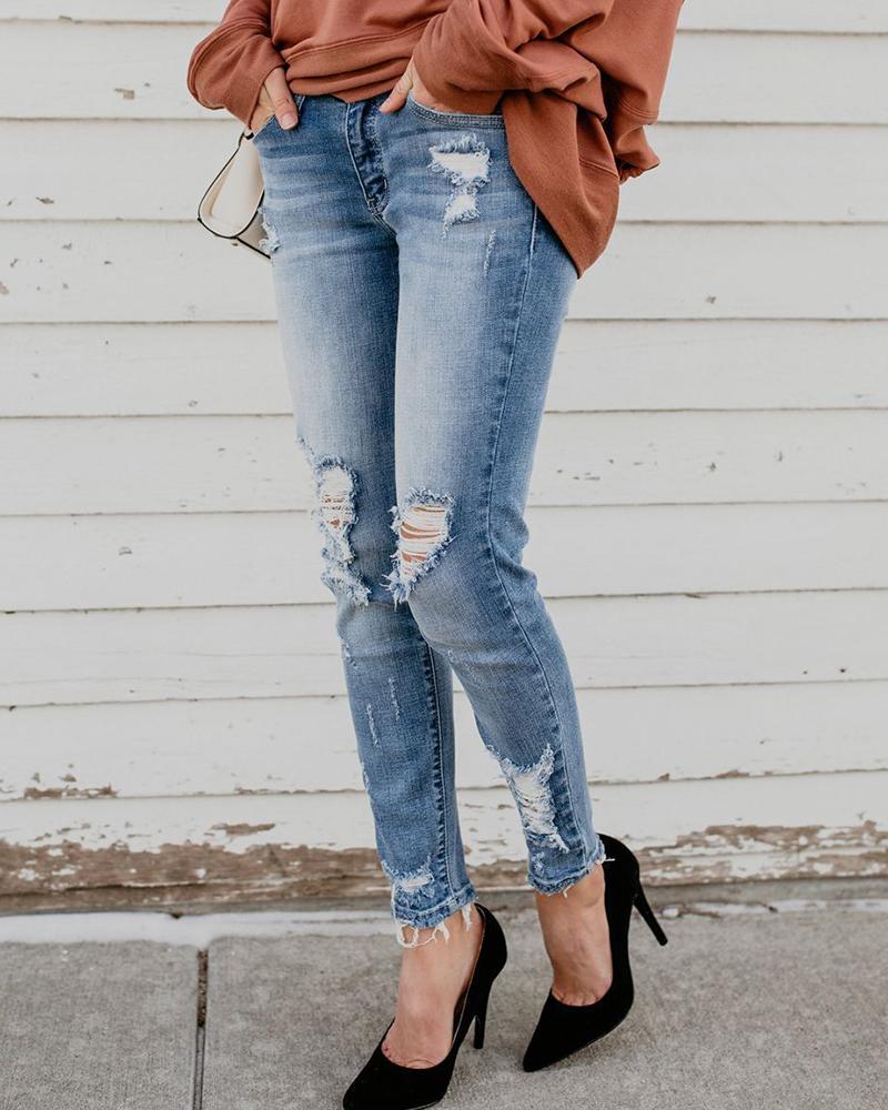 Ripped Raw Hem High Waist Jeans