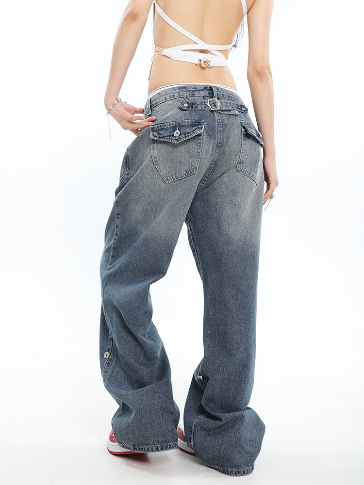 Washed Effect Denim Baggy Boyfriend Jeans