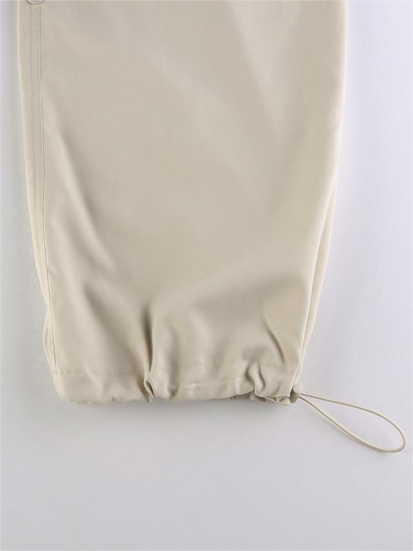 Beige Baggy Parachute Cargo Pants with Drawstring