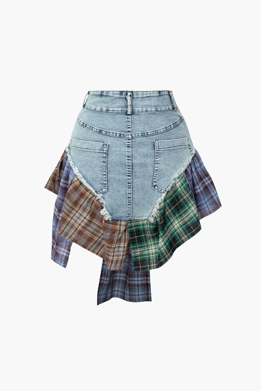 Vintage Asymmetric Check Patchwork Denim Mini Skirt