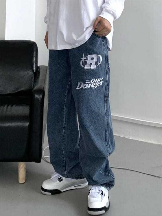 Hip Hop Baggy Jeans mit geradem Bein und Slogan