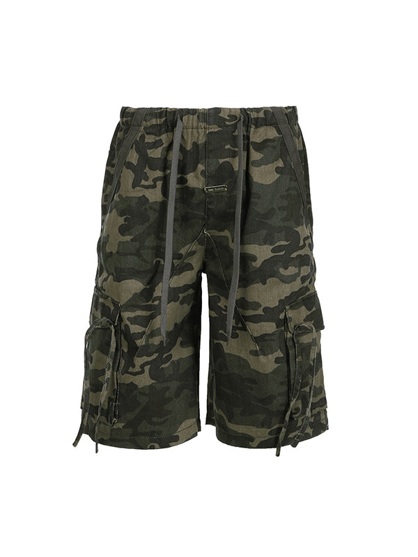 2000s Camouflage Drawstring Denim Shorts with Three Dimensional Pocket