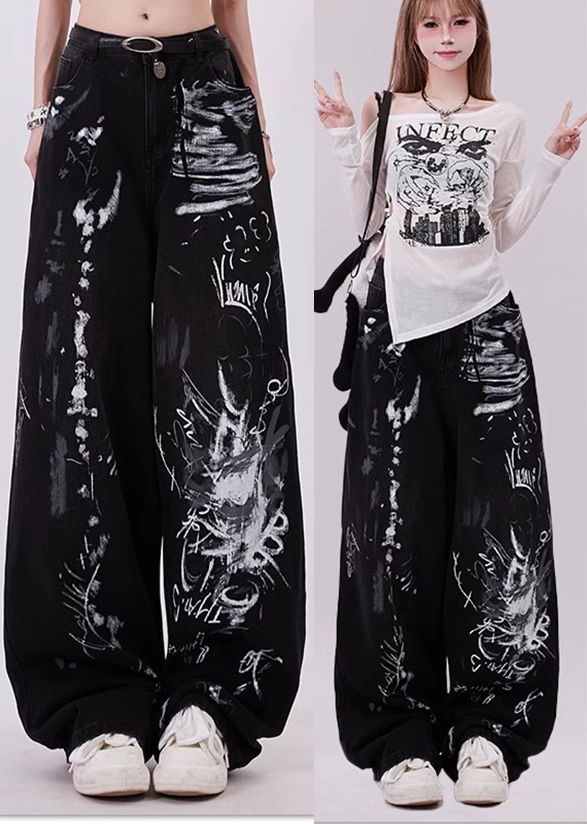 Schwarze Baggy-Jeans mit Grunge-Graffiti-Print