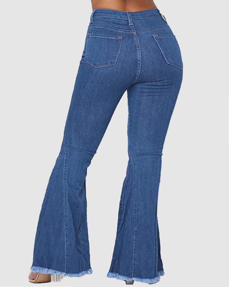 High Waist Raw Hem Button Front Flare Jeans