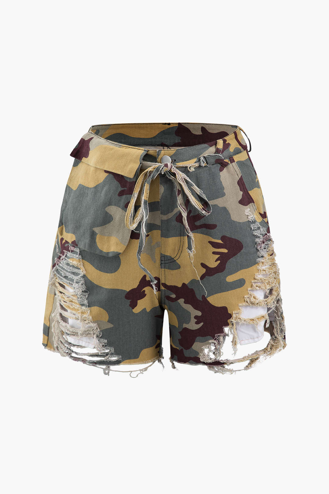Pantalones cortos cargo con lazos y diseño desgastado de camuflaje retro