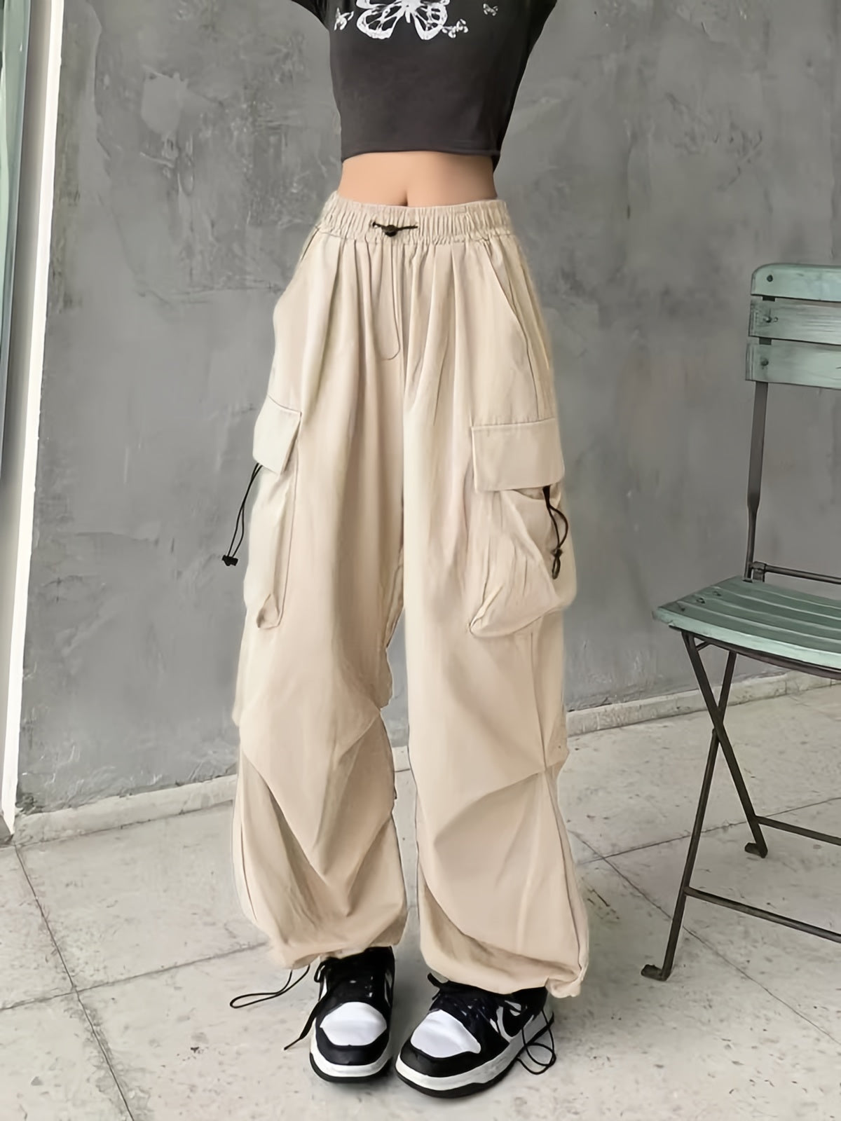 Vintage Y2K Kordelzug Baggy Fallschirm Cargo Hose