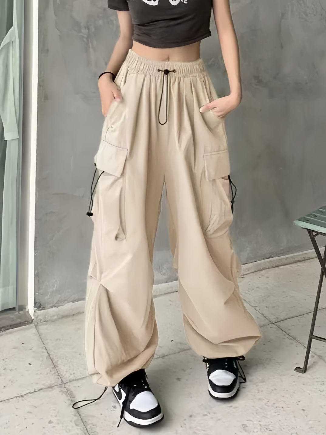 Vintage Y2K Kordelzug Baggy Fallschirm Cargo Hose