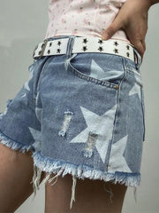 Blue Y2K Star Print Ripped Low Rise Denim Shorts