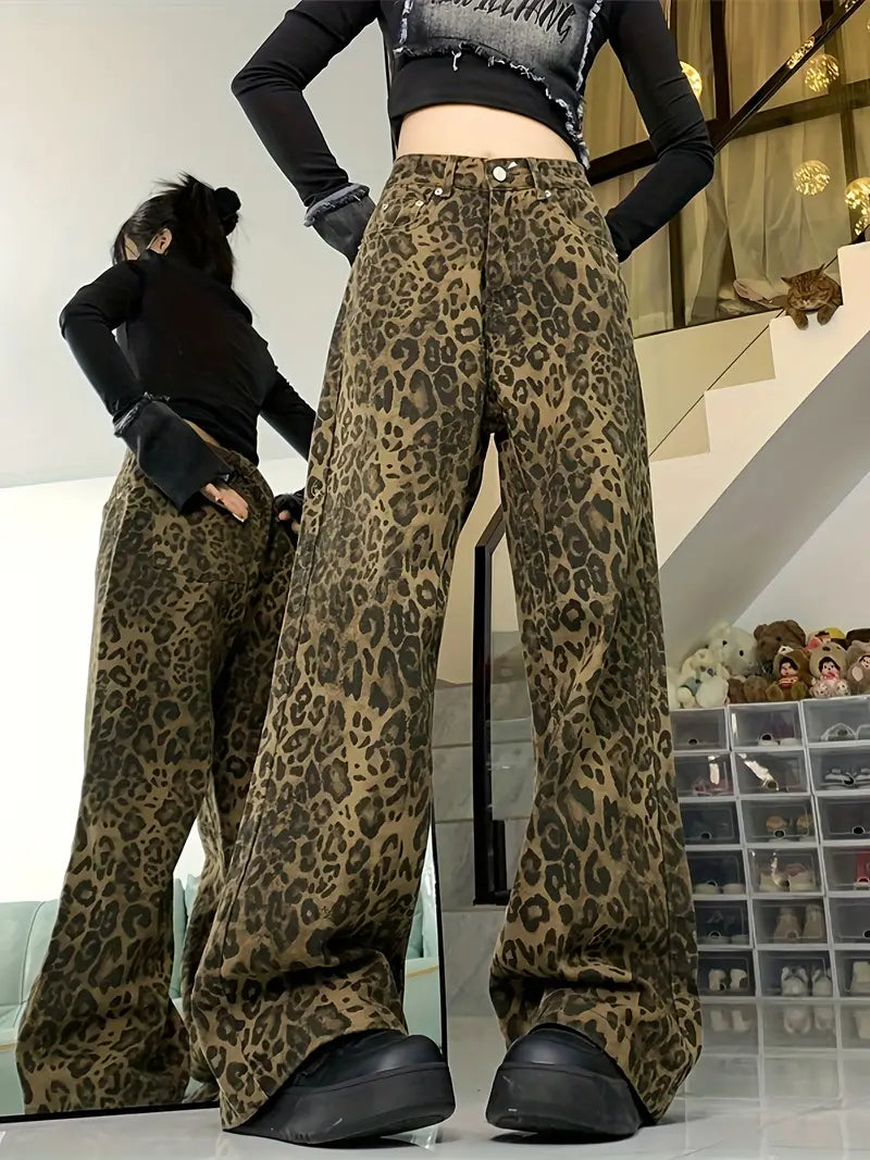 Y2k Baggy Boyfriendjeans mit Leopardenmuster