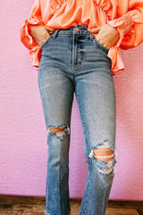 Sky Blue Distressed Ripped Flare Jeans