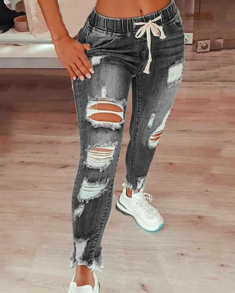 Plus Extreme Distressed Drawstring Waist Jeans