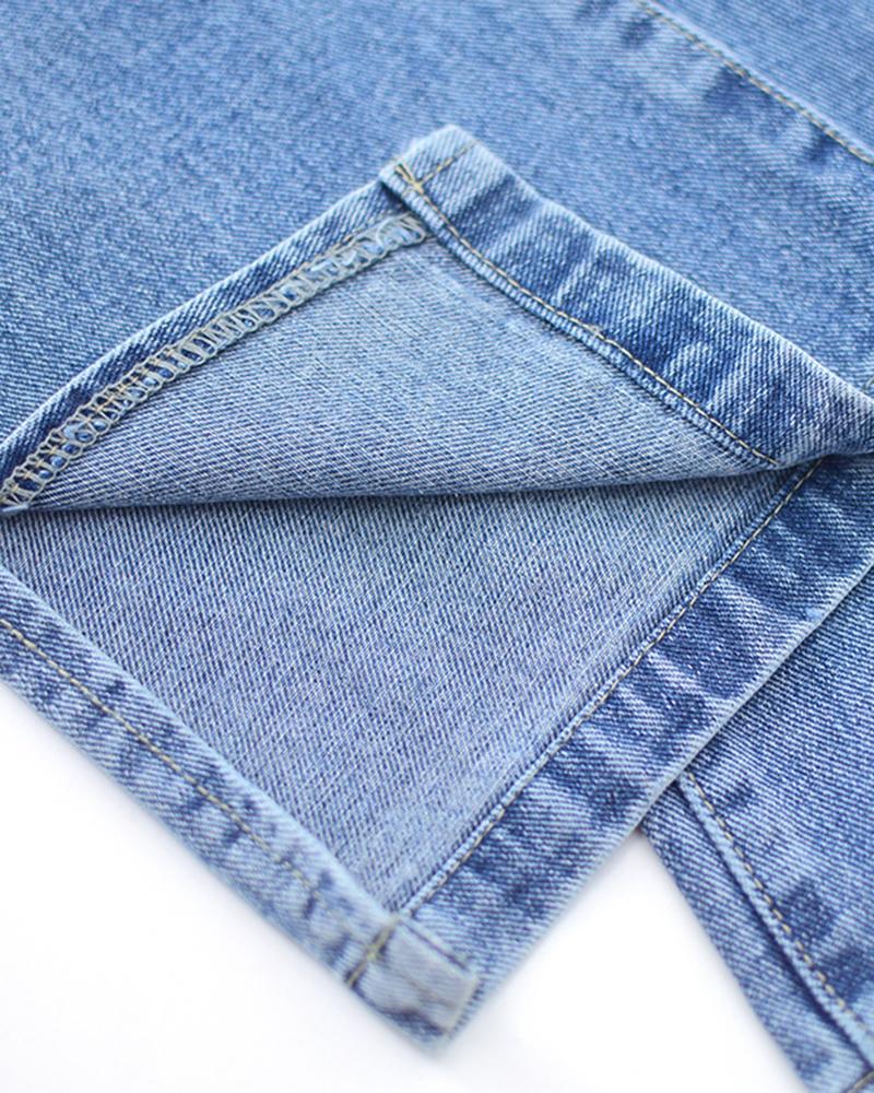 Ripped Split Hem High Waist Straight Leg Jeans