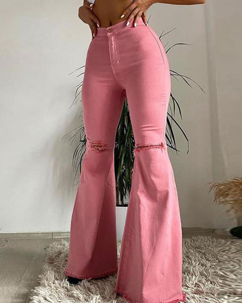 Solid Raw Hem Ripped Knee Flare Leg High Waist Jeans