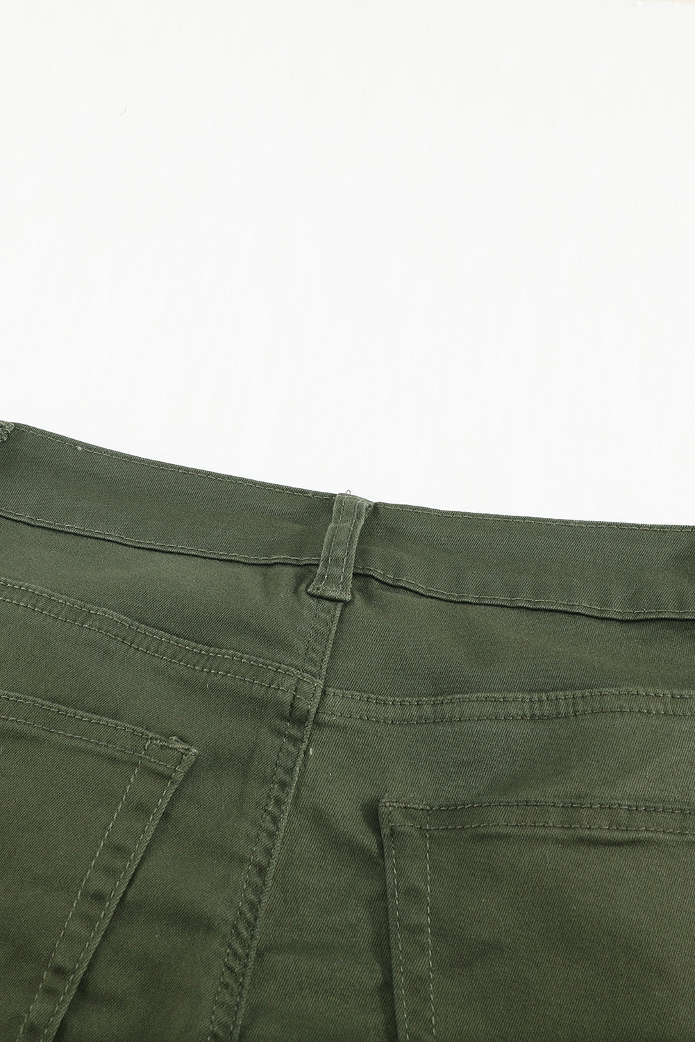 Green Plain High Waist Buttons Frayed Cropped Denim Jeans