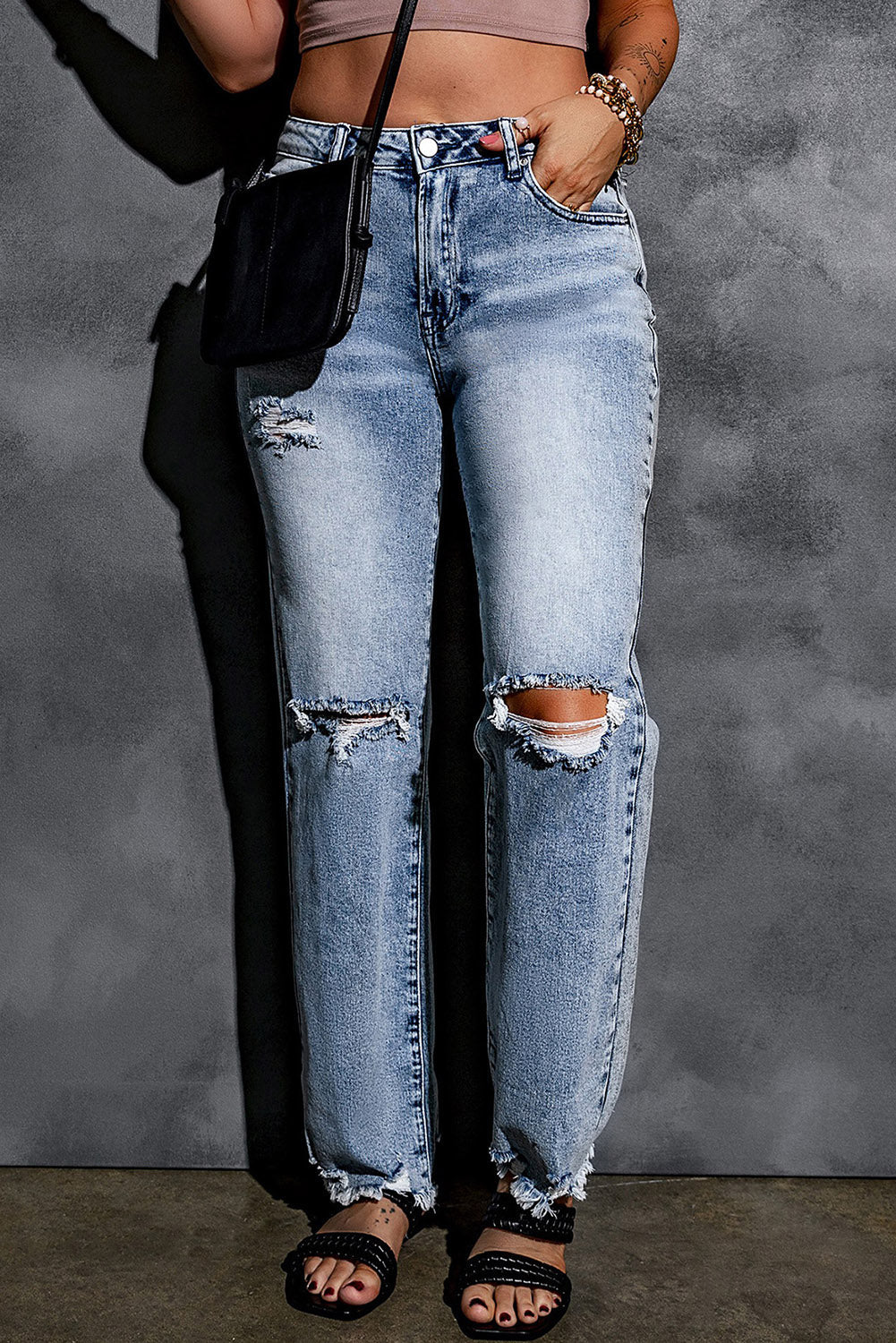 Sky Blue Washed Ripped Wide Leg High Waist Jeans