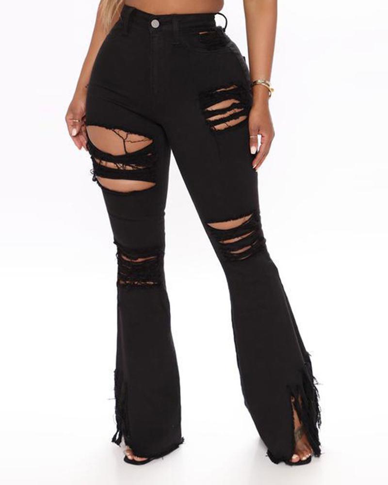 Women Distressed Asymmetrical Fringe Raw Hem Flare Leg High Waist Jeans