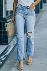 Sky Blue Side Splits Ripped Straight Leg High Waist Jeans