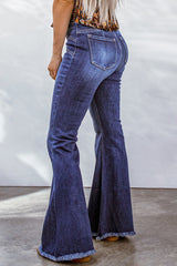 Blue Seamed Raw Hem Flare Jeans