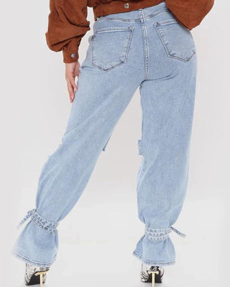 Ripped Ankle Tie Low Waist Jeans