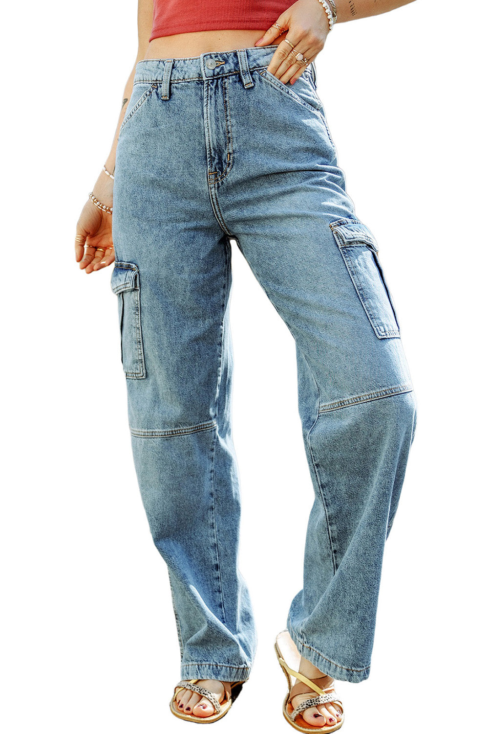 Sky Blue Cool Cargo Style Wide Leg Jeans