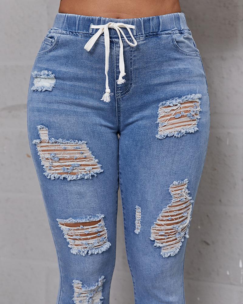 Plus Extreme Distressed Drawstring Waist Jeans