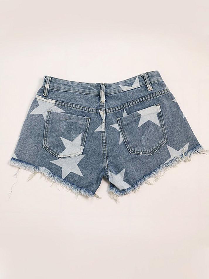 Blue Y2K Star Print Ripped Low Rise Denim Shorts