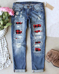 Ripped Plaid &amp; Leopard Patch Insert Mid Waist Straight Leg Jeans