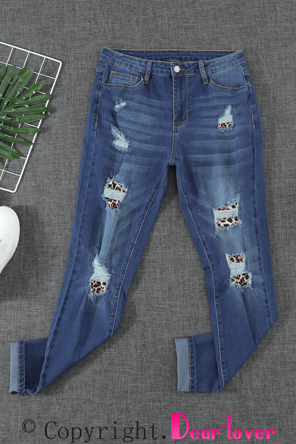 Leopard Patch Destroyed Skinny Blue Jeans