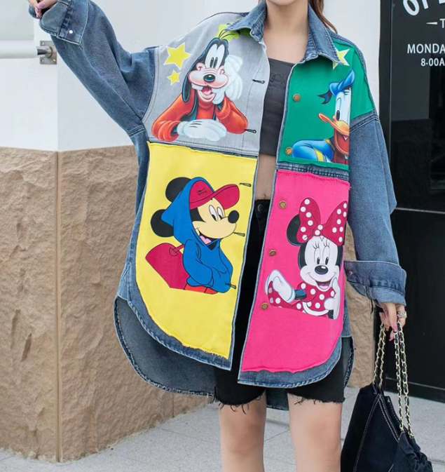 Art Denim Blue Peter Pan Collar Cartoon Print Patchwork Button Shirts Long Sleeve